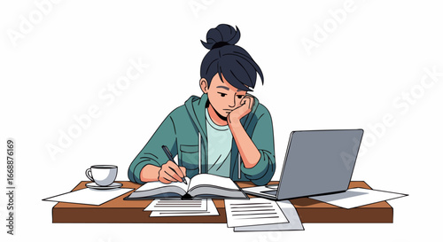 Studying young adult intently at desk with laptop and book, concentrating hard, she is engrossed in studies. Studying young adult, she takes notes and sips from coffee cup to stay focused.
