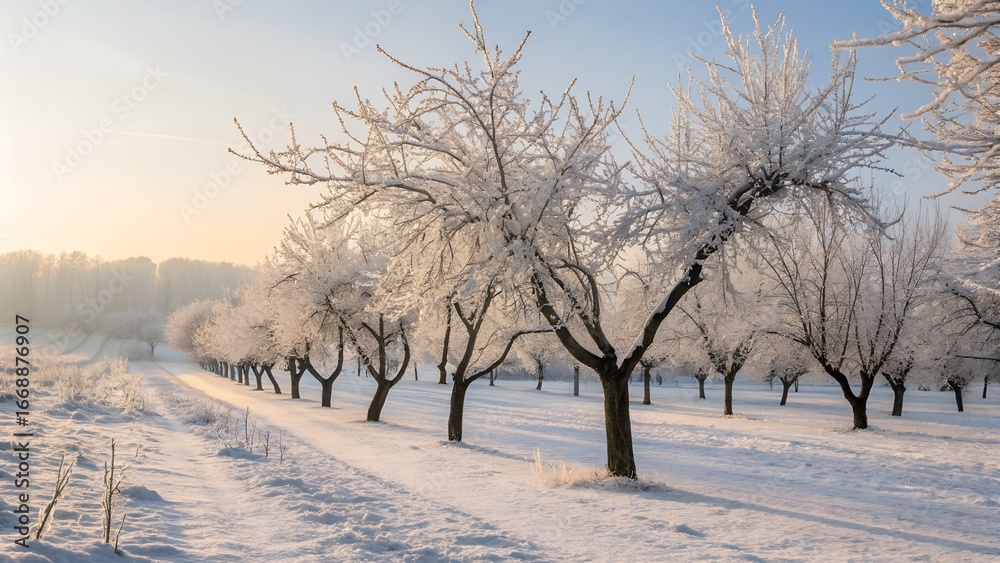 Obraz premium A cold winter landscape with frost-covered trees beneath a blue sky