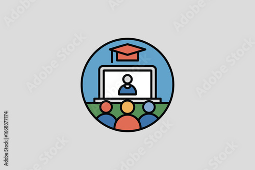 A digital graduation ceremony depicted with a laptop, graduation cap, and audience in a circle