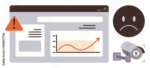 Web interface with warning sign, graph showing trend, surveillance camera, sad face icon. Ideal for online security, privacy, surveillance, data analysis risk monitoring cyber crime. Simple flat