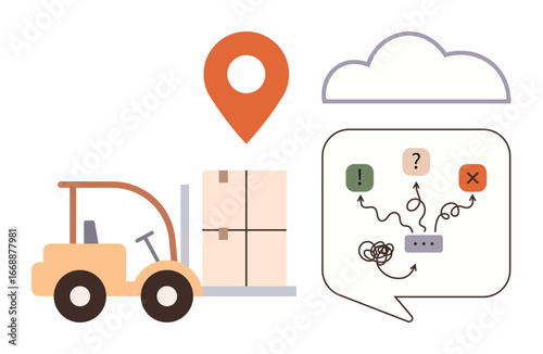 Forklift moving cargo box, location pin, cloud, and speech bubble with problem-solving icons. Ideal for logistics, transportation, shipping, planning navigation delivery communication. Simple flat