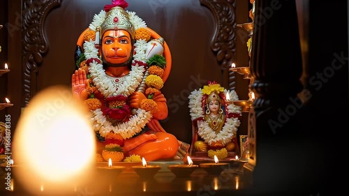 Orange Hanuman Deity Statue Adorned with Garland Offering Blessing Under Candlelight in Wooden Shrine
