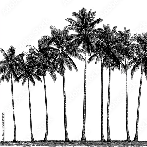 palm trees in a row illustration black and white outline sketch vector style on white isolated background.