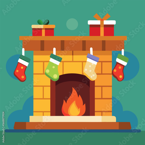 Festive Fireplace Scene with Christmas Stockings and Gifts Symbolizing Holiday Cheer and Warmth in a Flat Vector Style