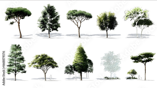 renderings of individual trees to be used in the landscaping for an archtectural rendering on a whaite background.