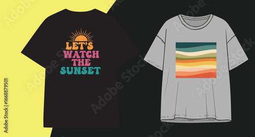 Stylish t-shirt designs featuring vibrant sunset and retro wave graphics