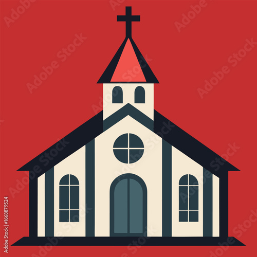 Stylized Church Building Against Red Backdrop Evoking a Sense of Serenity and Faith Reflecting Architectural Simplicity with Spiritual undertones