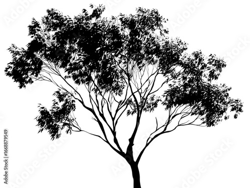 young australian eucalyptus tree silhouette black on white background vector side view.