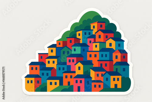 Flat vector illustration of colorful Brazilian favela houses on hill on white background
