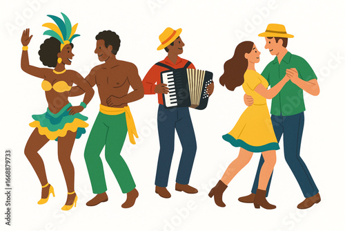 Brazilian dance styles flat vector illustrations samba forró white background