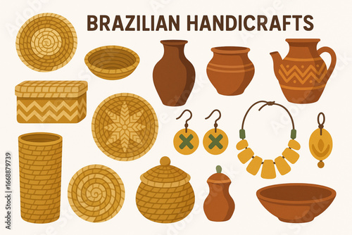 Brazilian handmade crafts vector illustration with basket weaving pottery and ethnic jewelry isolated on white