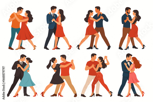Flat vector illustration of couples dancing salsa bachata and tango in colorful dynamic poses