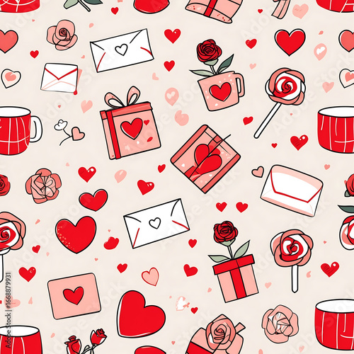 Valentines day pattern with hearts, gifts, and roses