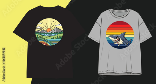 Two graphic t-shirts featuring vibrant circular designs of nature and animals