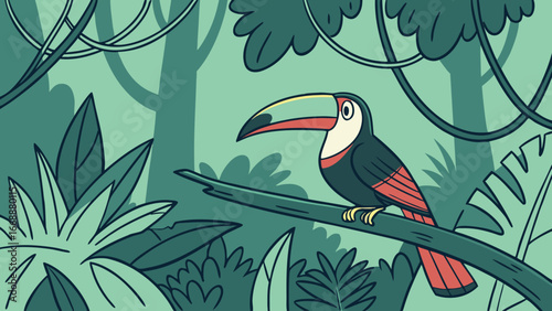 A toucan perched on a branch amidst lush green foliage and hanging vines in a vibrant jungle scene