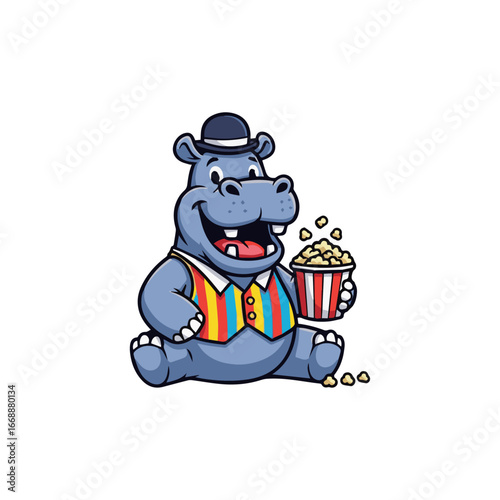 A hippo mascot with a bucket of popcorn and a hat, a funny and charming character design.