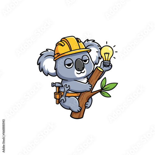 A cool koala engineer with a hard hat and a lightbulb, a creative and modern character design.
