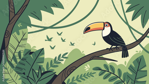 A toucan perched on a branch in a lush jungle setting with flying birds and tropical foliage art