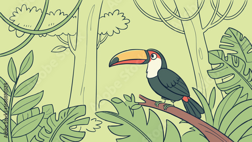 A toucan bird perched on a branch amidst lush green foliage in a tropical jungle setting illustration