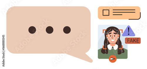 Speech bubble with typing dots, AI system analyzing user photo, fake alert, and warning symbols. Ideal for misinformation, AI detection, social media, digital ethics, deepfake cybersecurity online