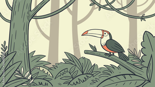 A cartoon toucan perched on a branch in a stylized jungle environment with trees and lush vegetation