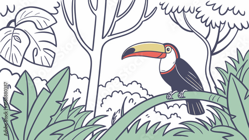 Illustration of a toucan perched on a branch in a lush jungle environment with tropical foliage design