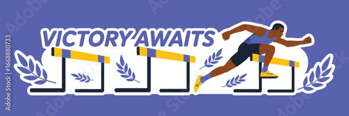 An athlete jumps over hurdles with victory awaits text on a blue and white background illustration