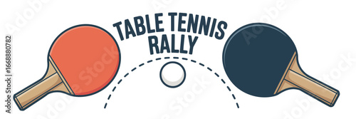 A graphic illustration of a table tennis rally with paddles and ball on a white background design element