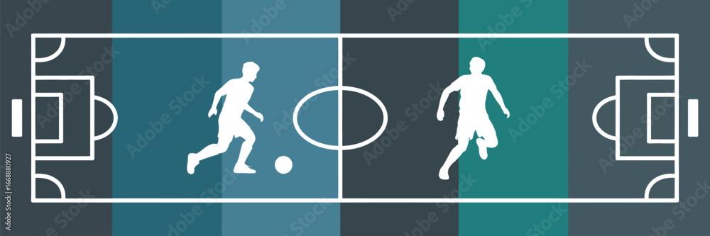 Fototapeta premium Soccer field illustration with two players running and a ball in a blue and green color scheme design