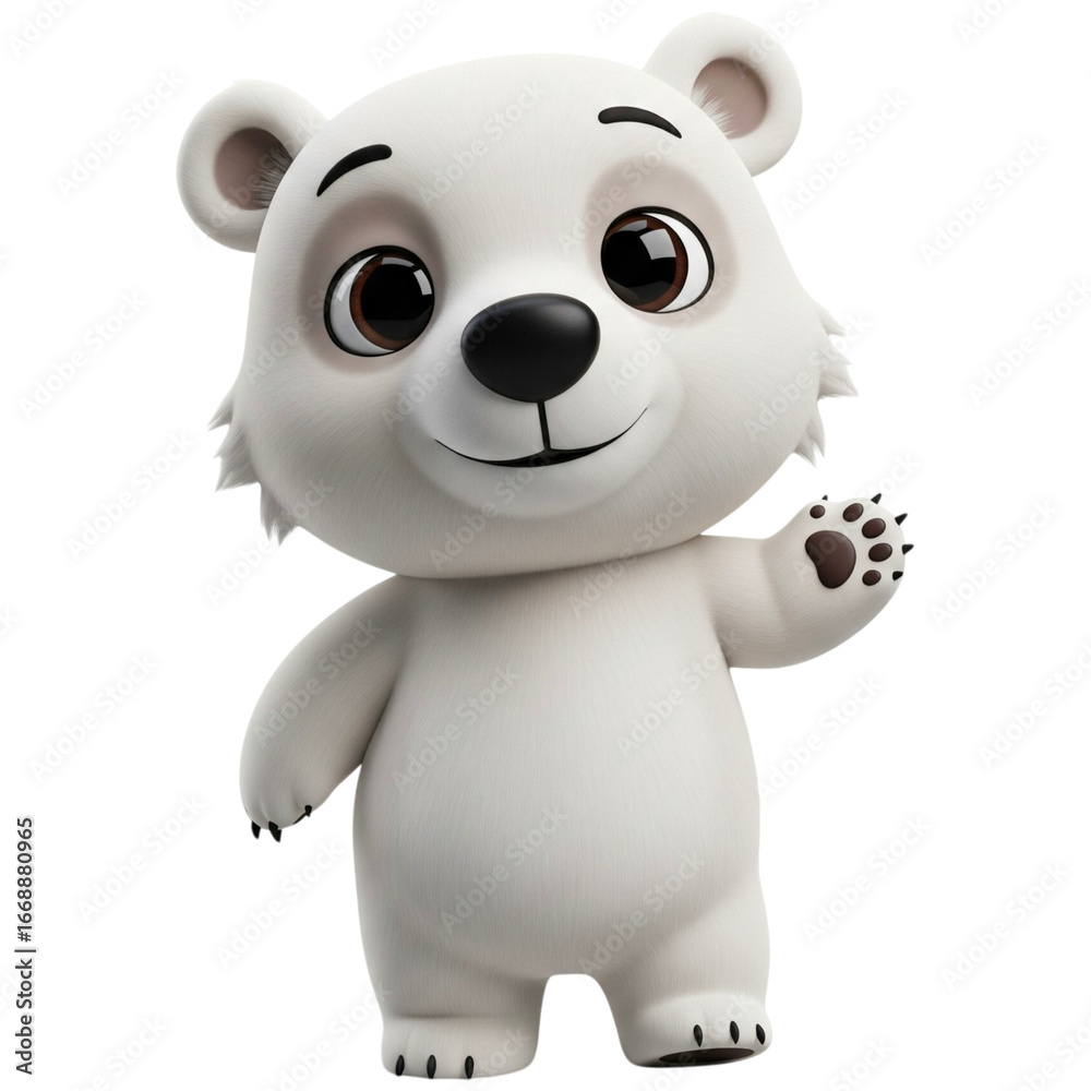 Fototapeta premium Adorable 3D cartoon polar bear character standing upright with big expressive eyes, a friend smile, and soft rounded features, isolated on a transpare background. Perfect for children’s media, animati