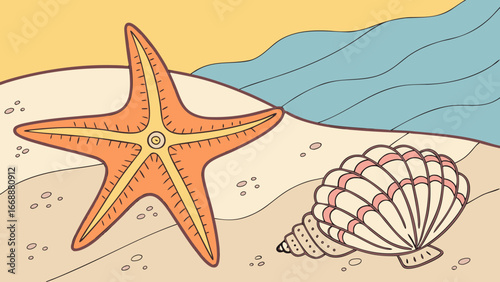 Illustration of a starfish and seashell on a beach with ocean waves in the background scene here now