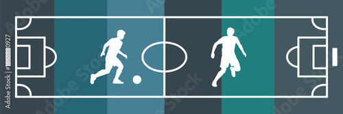 Soccer field illustration with two players running and a ball in a blue and green color scheme design
