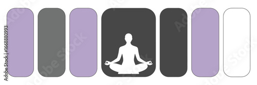 Illustration of a meditating figure between rounded rectangles of varying colors and a white rectangle