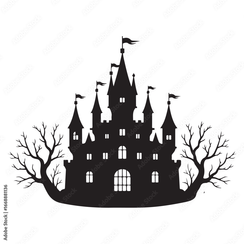 Obraz premium Spooky Halloween Castle Typography Silhouette Vector Design