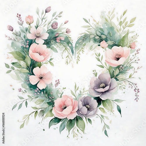 Watercolor heart shape floral arrangement isolated on white background