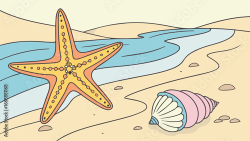Illustration of a starfish and seashell on a beach with a river flowing into the ocean scene view