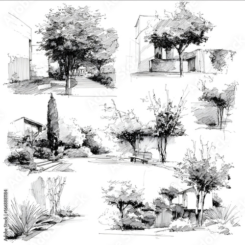 black and white architectural landscape sketches of trees shrubs grasses and herbaceous perennials loose ink linework expressive and abstract style architectu.