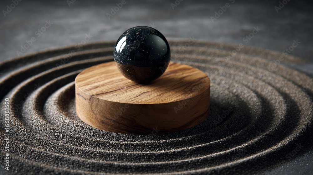 Naklejka premium Dark sphere on wooden stand, centered in concentric sand circles