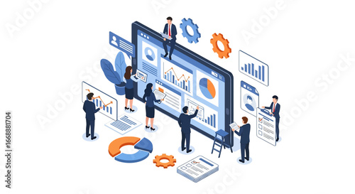 Isometric 3D view of business professionals analyzing charts, reports, and data dashboards on a giant tablet, symbolizing teamwork, analytics, and corporate digital strategy