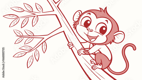 Cartoon monkey climbing a tree with leaves and branches in a playful and cheerful illustration style