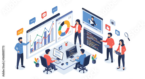 isometric 3d view of digital marketing team analyzing charts, coding, and collaborating with laptops, representing online business strategy, data analytics, teamwork, and modern technology solutions