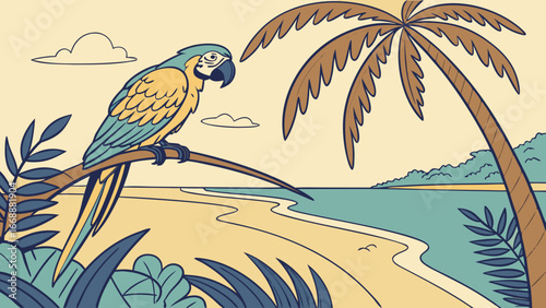 A colorful parrot perched on a branch with a tropical beach and palm tree in the background scenery