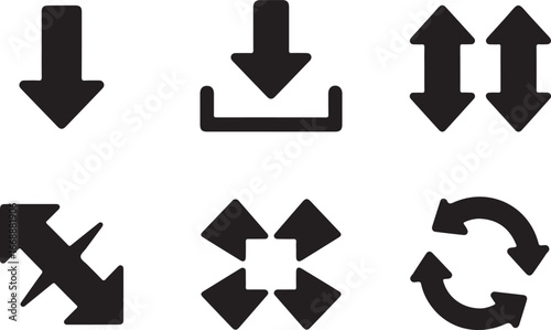 “A set of six minimalist black icons arranged in two rows. Each icon represents a directional or functional symbol: downward arrow, download arrow, bidirectional vertical arrows, diagonal resize arrow