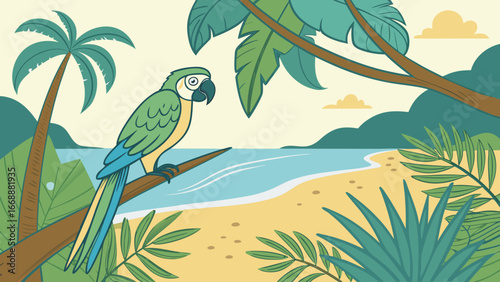 A parrot perched on a branch overlooking a tropical beach with palm trees and lush vegetation around it