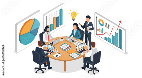 Isometric 3D view of business team meeting with laptops and charts, analyzing data and planning strategy, ideal for concepts of teamwork, productivity, growth, and corporate success
