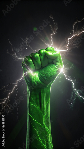 Green fist glowing energy lightning power