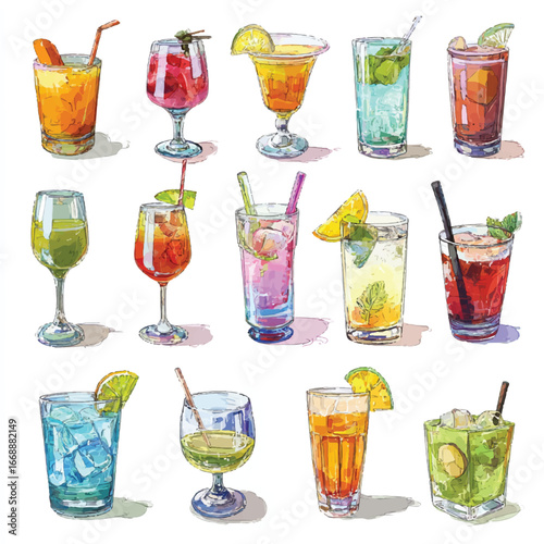 Watercolor Style Cocktail Illustration Featuring a Variety of Refreshing Summer Drinks with Fresh Fruits and Herbs