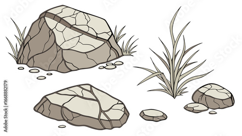 Illustration of several rocks and clumps of grass in a cartoon style on a white background