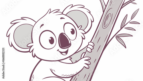 A cute koala bear climbing a tree with leaves and a happy expression in a cartoon style illustration