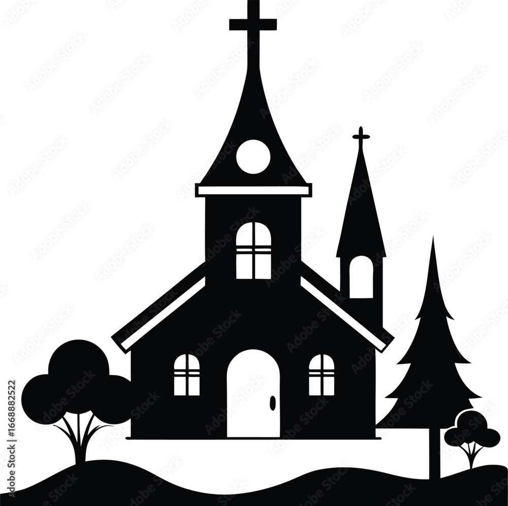 Obraz premium Silhouette of a Quaint Church Amidst Trees Evoking Peace and Serenity in a Minimalist Architectural Landscape Depiction
